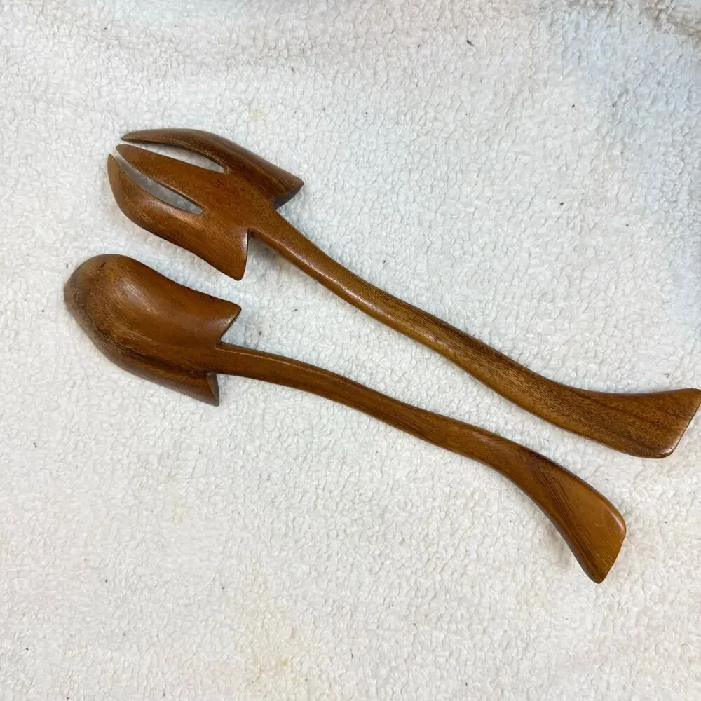 Vintage Monkey Pod Acacia Salad Tongs Curved Serving Spoon Fork Set Utensils